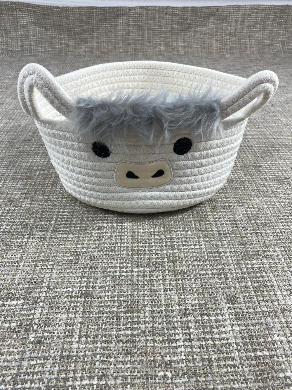 White Rope Storage Basket with Gray Faux Fur Details cute cow